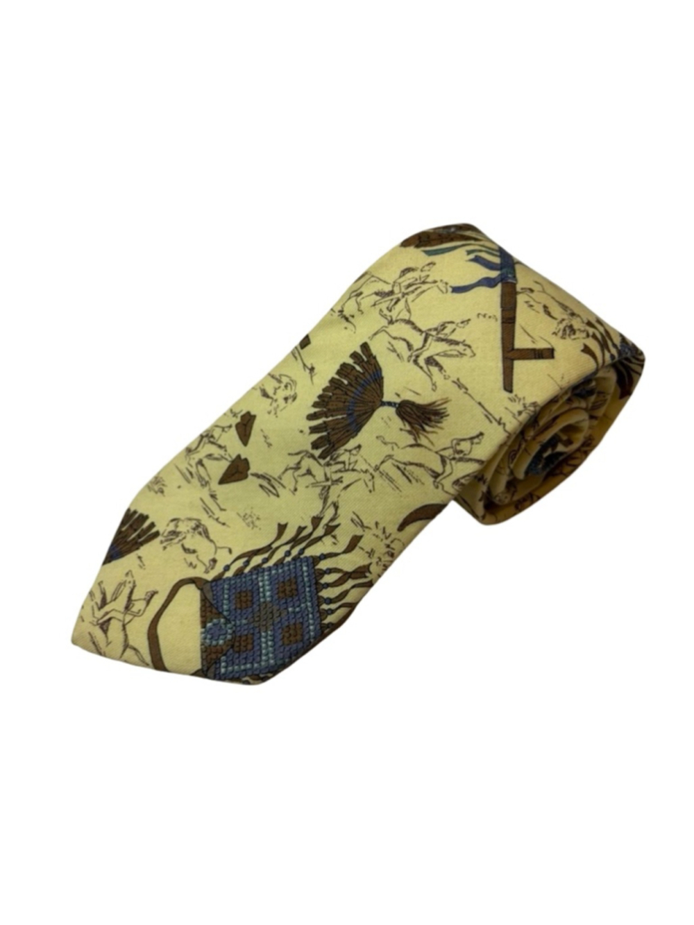 Lands End Silk Tie Yellow Novelty Western Print Horses Cowboy Made USA